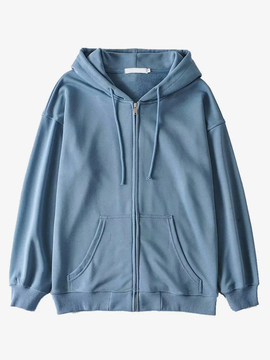 Sweat à capuche zippé à cordon de serrage manches longues coupe ample style décontracté pour femme