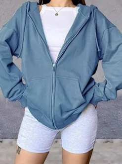 Sweat à capuche zippé à cordon de serrage manches longues coupe ample style décontracté pour femme