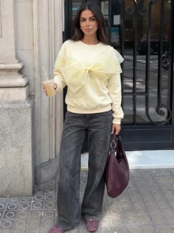 Sweat-shirt à col rond pour femme avec grand nœud en tulle manches longues coupe ample style décontracté