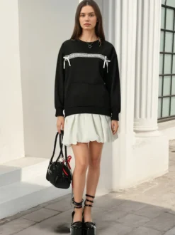 Sweat-shirt oversize à col rond et nœud en dentelle poche kangourou manches longues