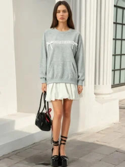 Sweat-shirt oversize à col rond et nœud en dentelle poche kangourou manches longues