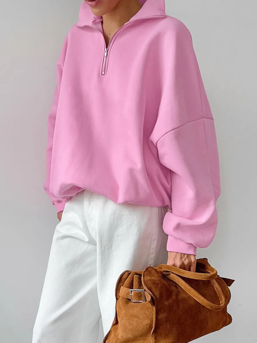 Sweat-shirt oversize à demi-zip col montant et épaules tombantes manches longues