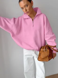 Sweat-shirt oversize à demi-zip col montant et épaules tombantes manches longues