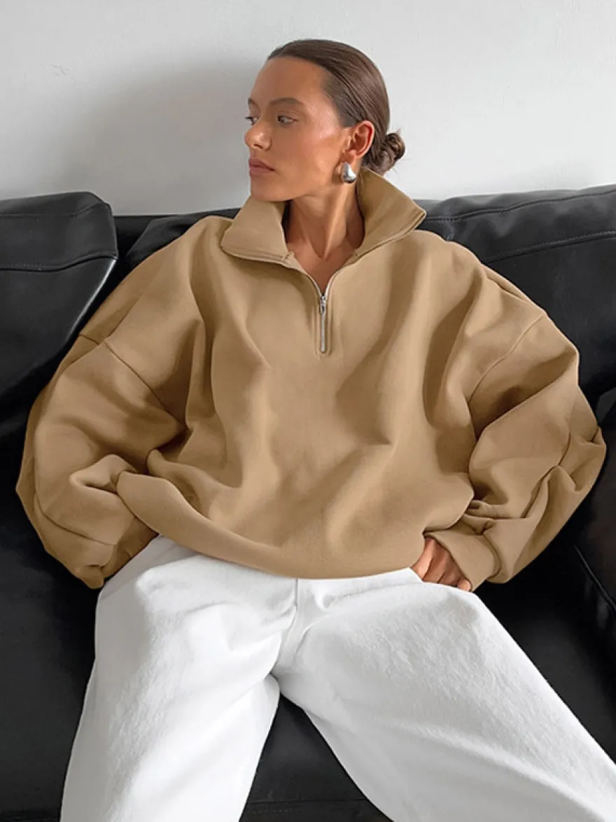 Sweat-shirt oversize à demi-zip col montant et épaules tombantes manches longues