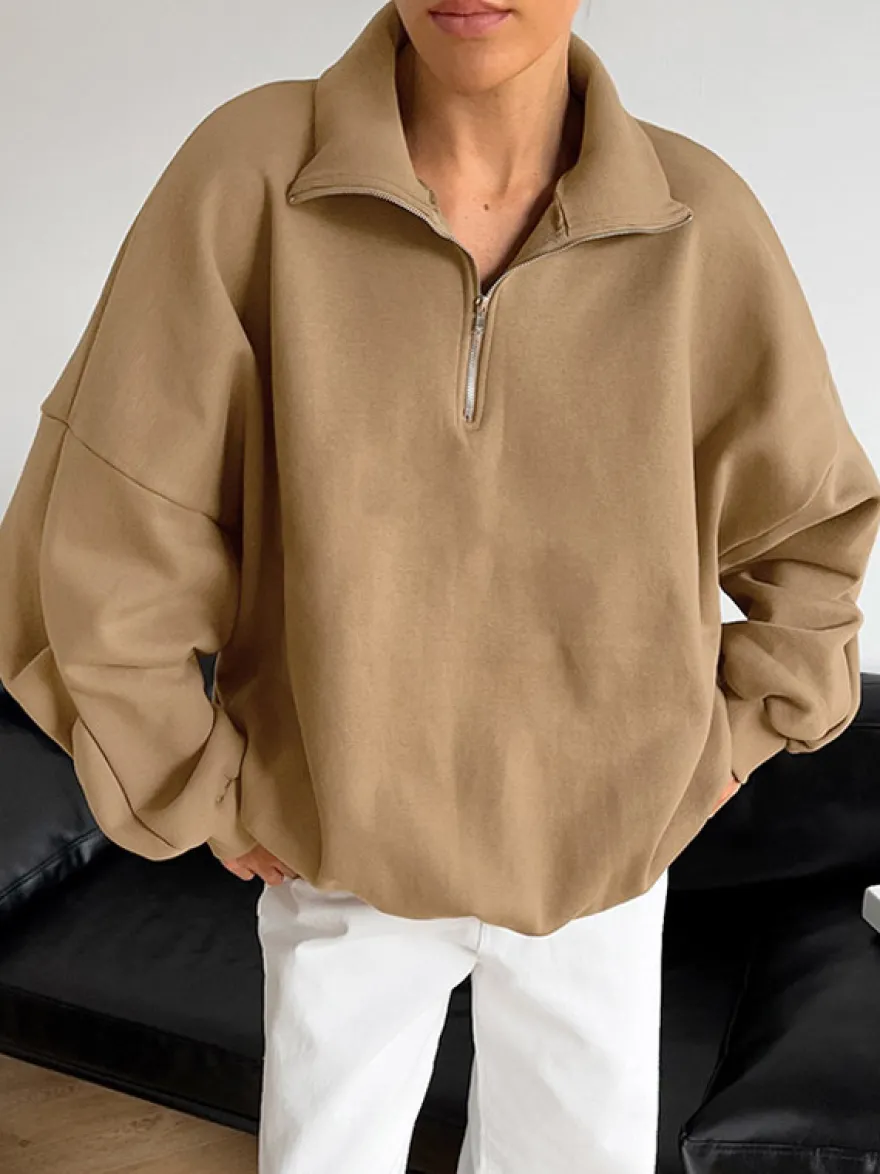 Sweat-shirt oversize à demi-zip col montant et épaules tombantes manches longues
