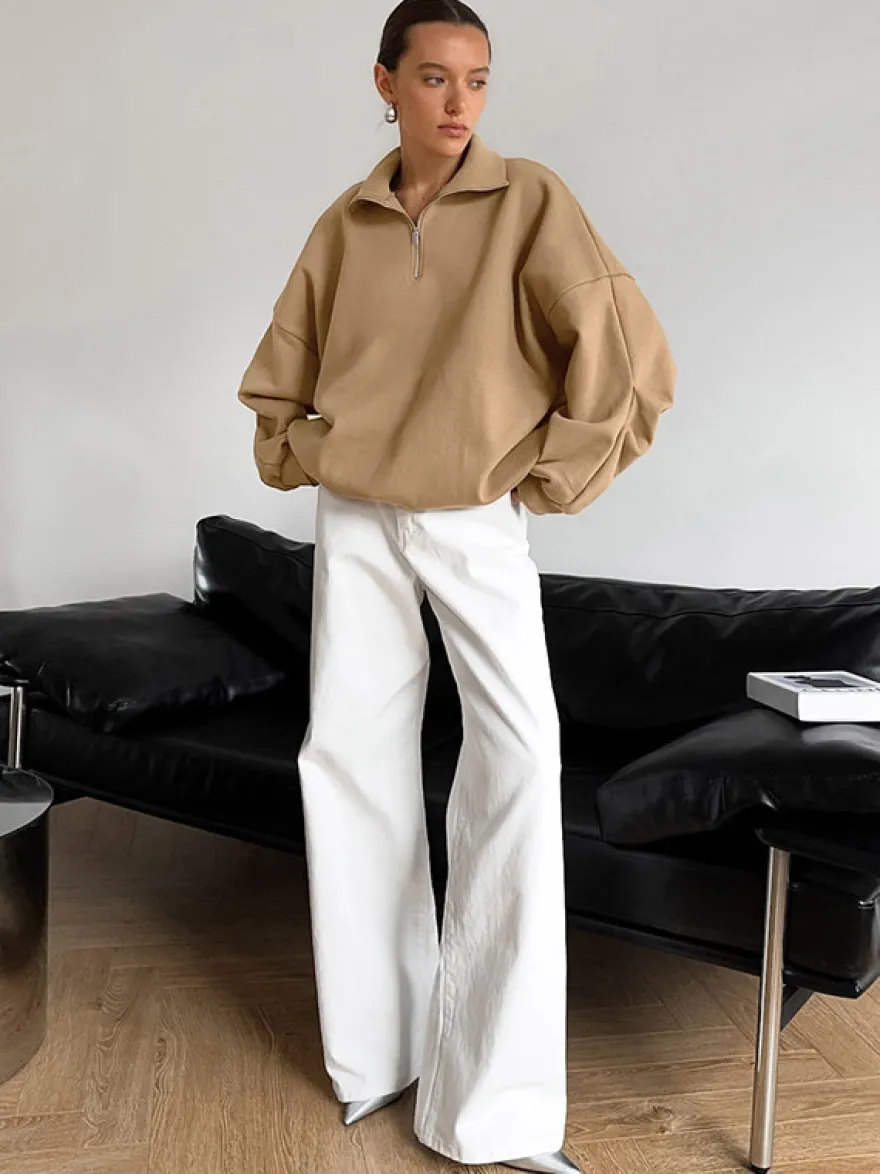 Sweat-shirt oversize à demi-zip col montant et épaules tombantes manches longues