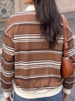 Sweat-shirt polo rayé marron et blanc pour femme manches longues coupe ample style décontracté