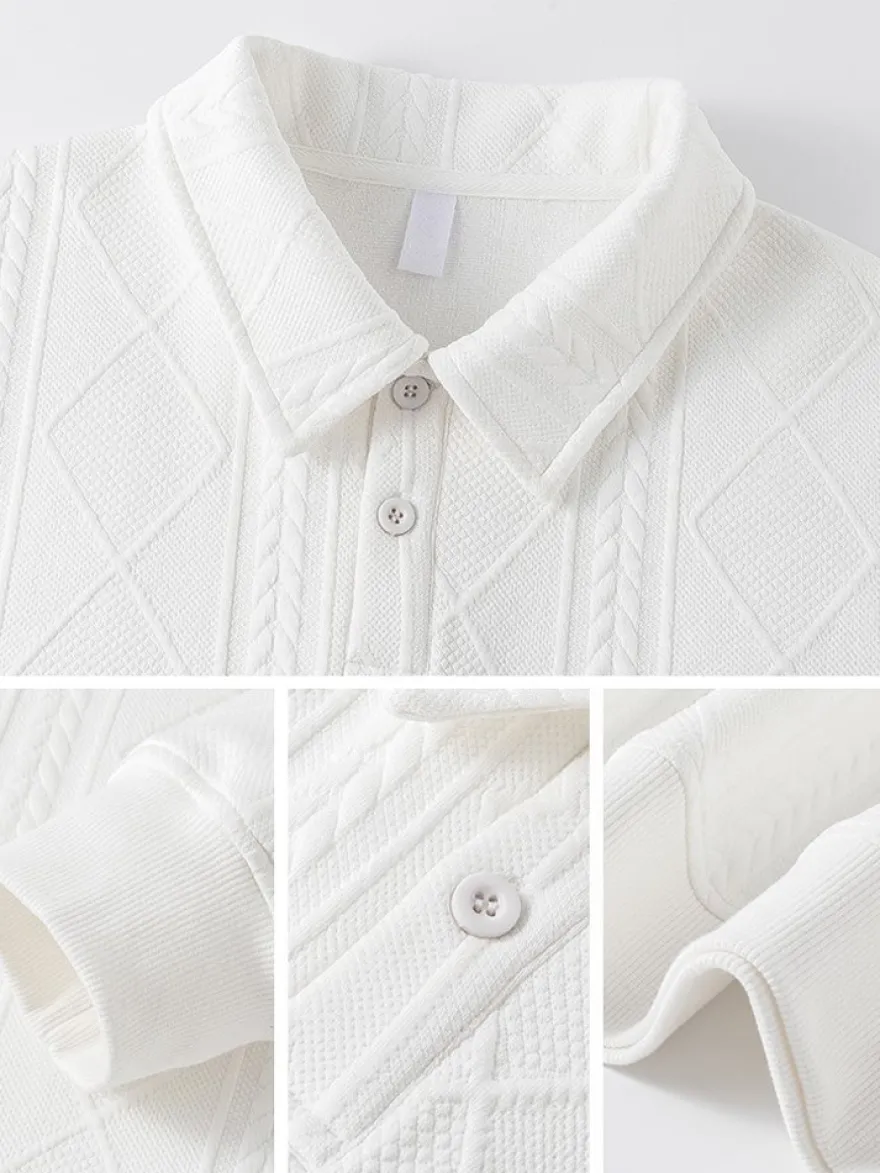 Sweat-shirt texturé pour homme col rabattu manches longues style polo rétro avec poignets et ourlet côtelés