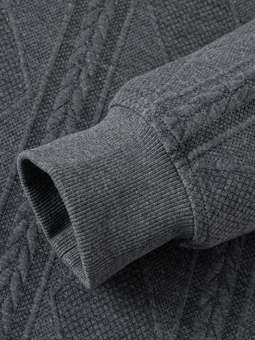 Sweat-shirt texturé pour homme col rabattu manches longues style polo rétro avec poignets et ourlet côtelés