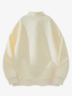Sweat-shirt texturé pour homme col rabattu manches longues style polo rétro avec poignets et ourlet côtelés