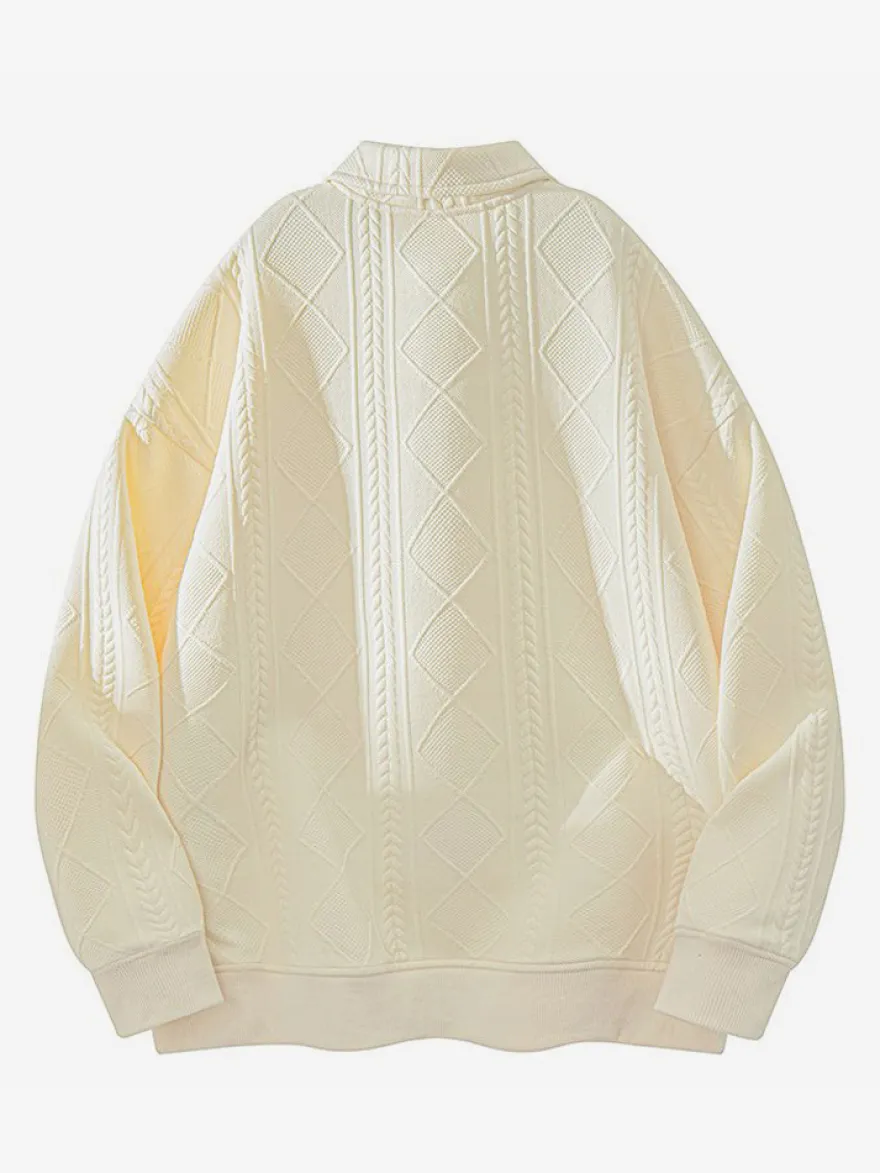 Sweat-shirt texturé pour homme col rabattu manches longues style polo rétro avec poignets et ourlet côtelés