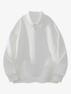 Sweat-shirt texturé pour homme col rabattu manches longues style polo rétro avec poignets et ourlet côtelés