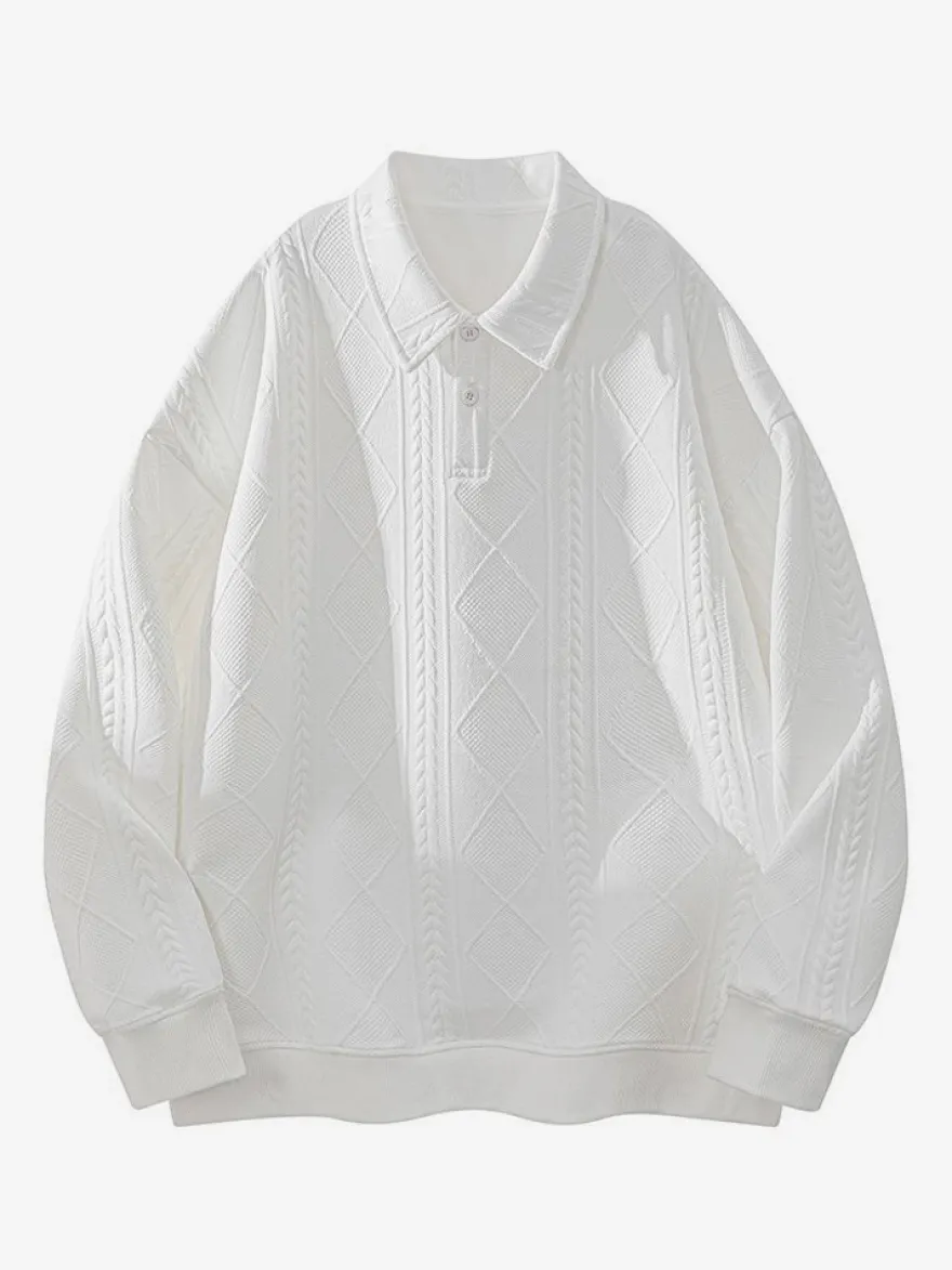Sweat-shirt texturé pour homme col rabattu manches longues style polo rétro avec poignets et ourlet côtelés