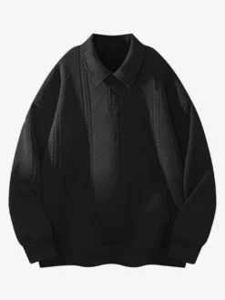Sweat-shirt texturé pour homme col rabattu manches longues style polo rétro avec poignets et ourlet côtelés