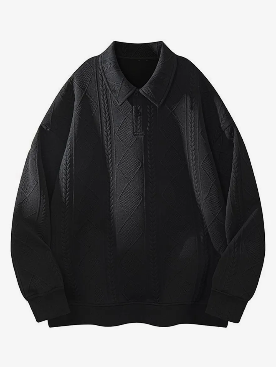 Sweat-shirt texturé pour homme col rabattu manches longues style polo rétro avec poignets et ourlet côtelés