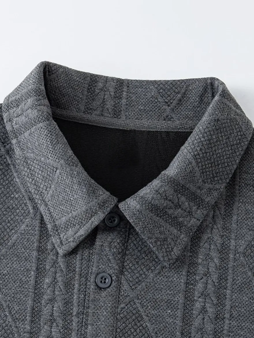 Sweat-shirt texturé pour homme col rabattu manches longues style polo rétro avec poignets et ourlet côtelés