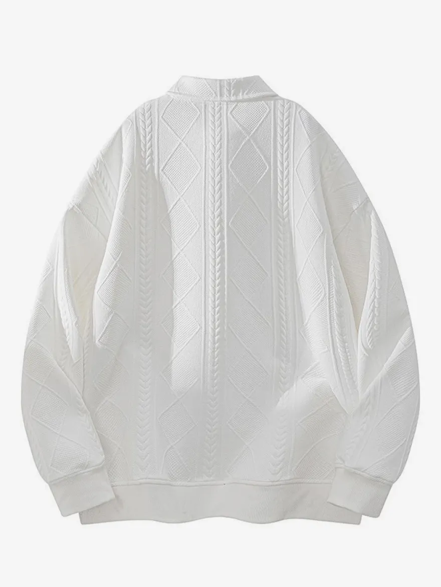 Sweat-shirt texturé pour homme col rabattu manches longues style polo rétro avec poignets et ourlet côtelés