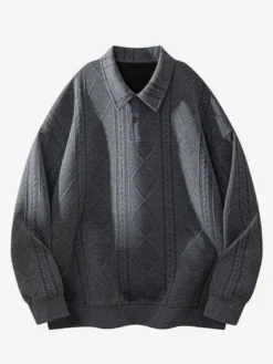 Sweat-shirt texturé pour homme col rabattu manches longues style polo rétro avec poignets et ourlet côtelés