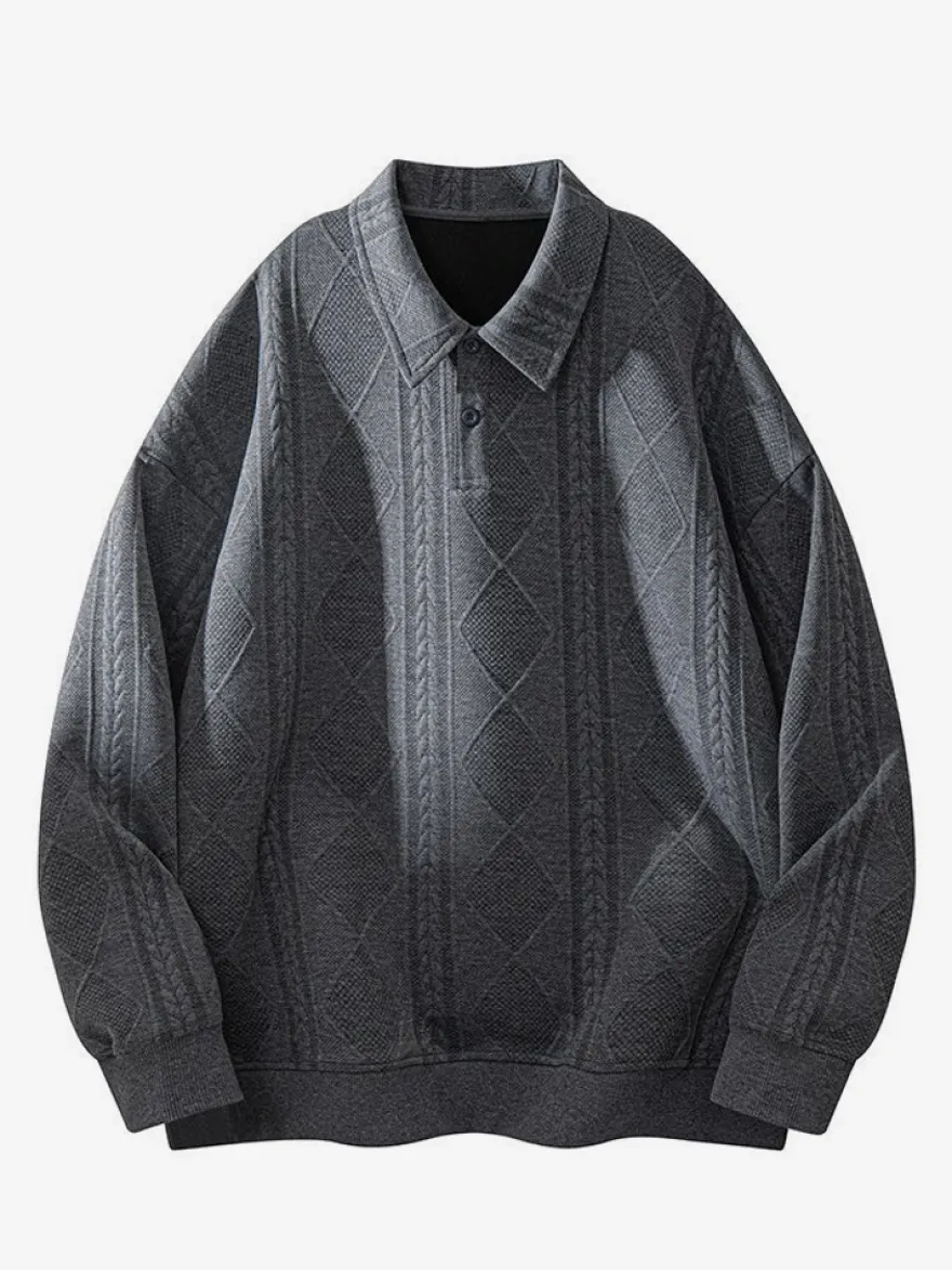 Sweat-shirt texturé pour homme col rabattu manches longues style polo rétro avec poignets et ourlet côtelés