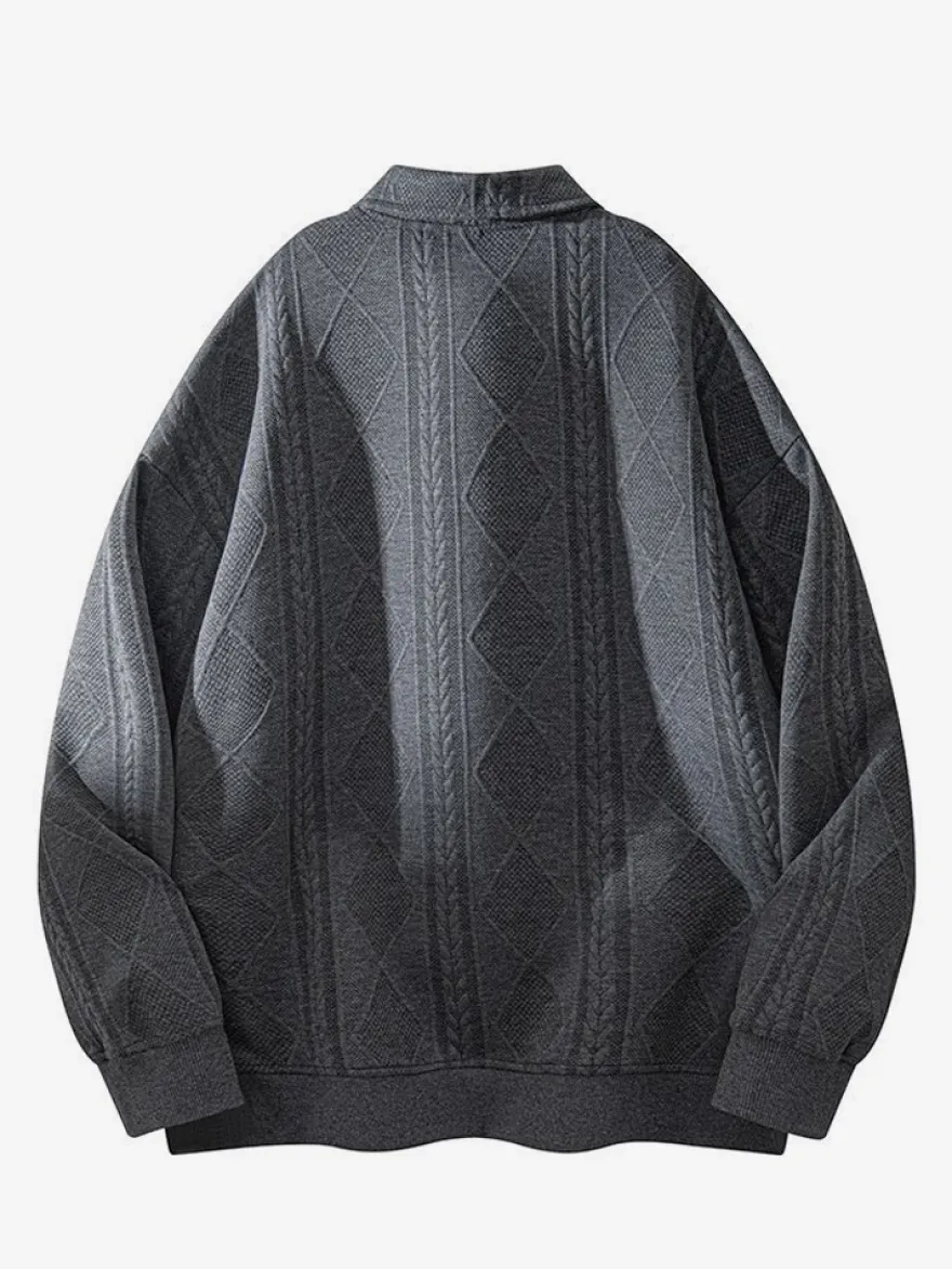 Sweat-shirt texturé pour homme col rabattu manches longues style polo rétro avec poignets et ourlet côtelés