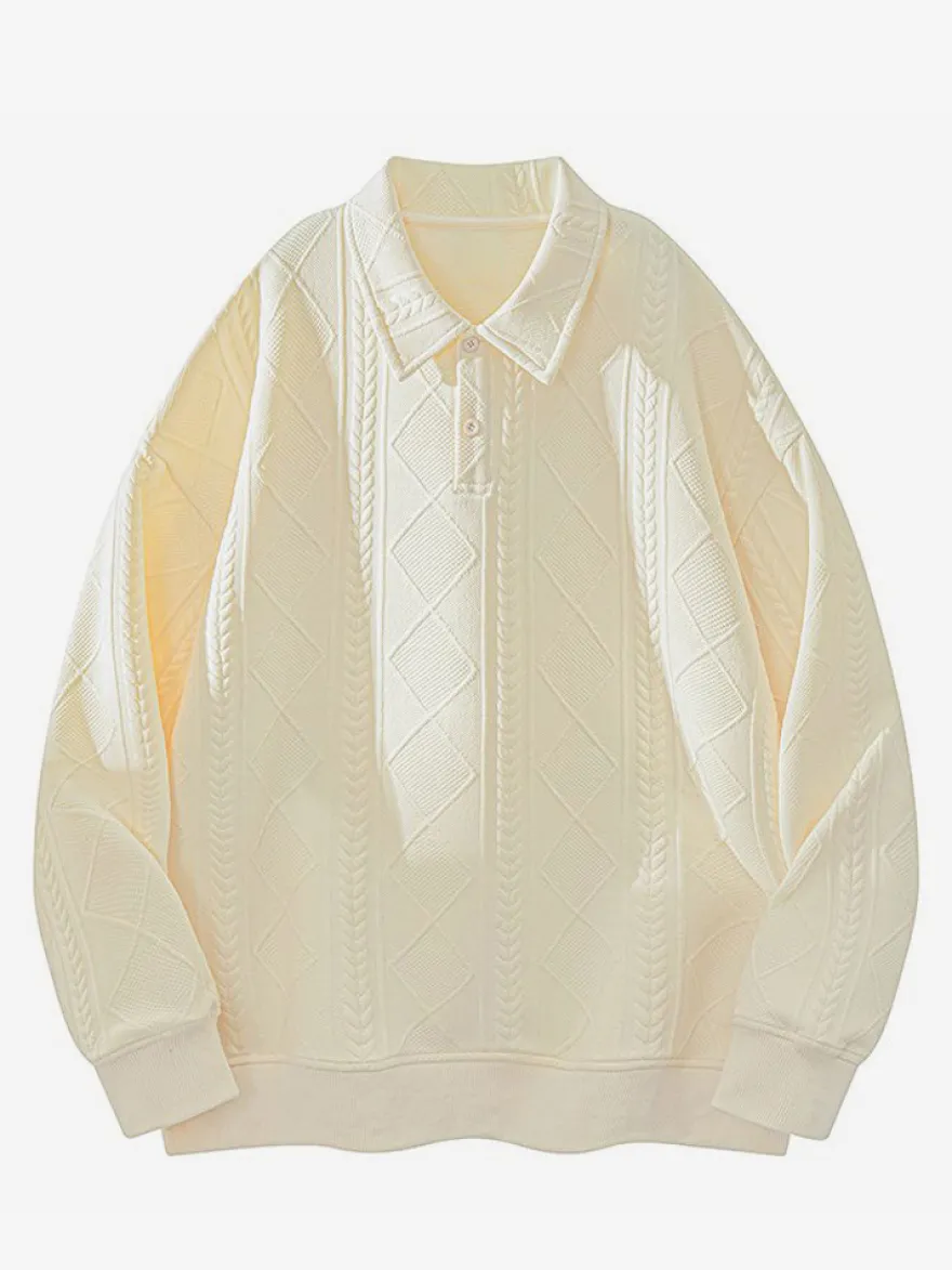 Sweat-shirt texturé pour homme col rabattu manches longues style polo rétro avec poignets et ourlet côtelés