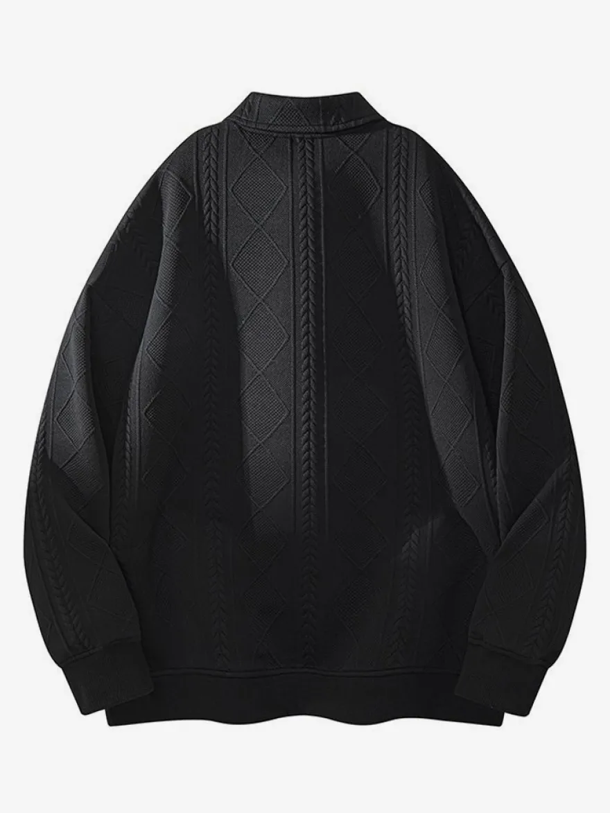 Sweat-shirt texturé pour homme col rabattu manches longues style polo rétro avec poignets et ourlet côtelés