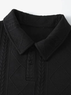Sweat-shirt texturé pour homme col rabattu manches longues style polo rétro avec poignets et ourlet côtelés