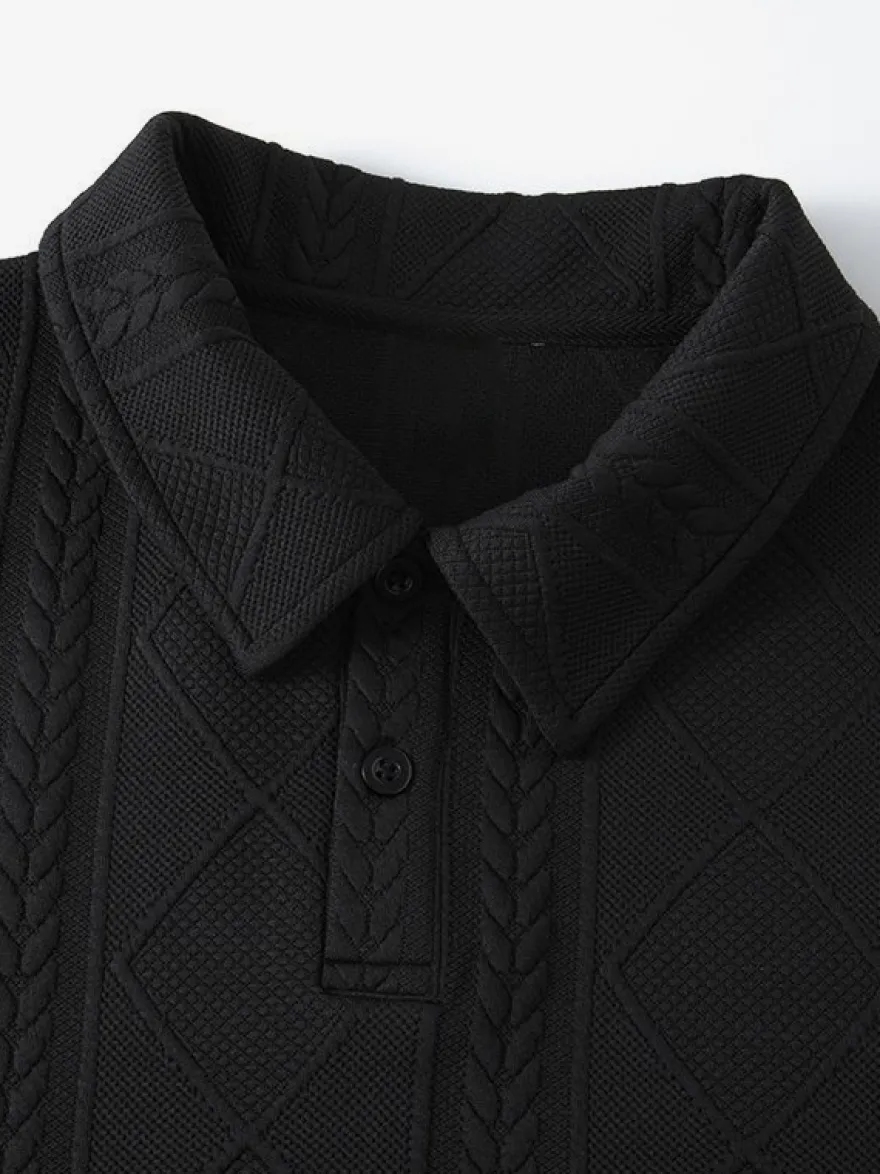 Sweat-shirt texturé pour homme col rabattu manches longues style polo rétro avec poignets et ourlet côtelés