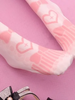 Sweet Lolita bas velours rose coeur Bow imprimé Lolita chaussettes hautes Déguisements Halloween