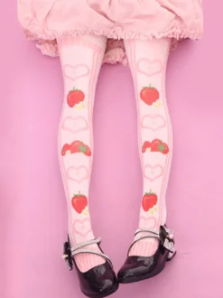 Sweet Lolita bas velours rose fraise Lolita imprimé chaussettes hautes Déguisements Halloween