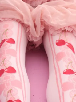 Sweet Lolita bas velours rose Lolita imprimé cerise chaussettes hautes Déguisements Halloween