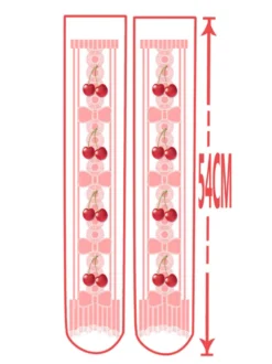 Sweet Lolita bas velours rose Lolita imprimé cerise chaussettes hautes Déguisements Halloween