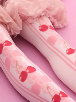 Sweet Lolita bas velours rose Lolita imprimé cerise chaussettes hautes Déguisements Halloween