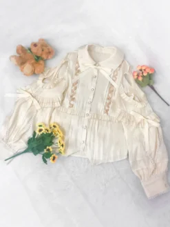 Sweet Lolita Blouses Polyester Lace Up Manches Longues Top Décontracté Chemise Lolita Abricot Léger