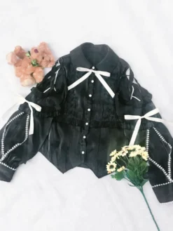 Sweet Lolita Blouses Polyester Lace Up Manches Longues Top Décontracté Chemise Lolita Abricot Léger
