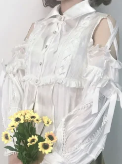 Sweet Lolita Blouses Polyester Lace Up Manches Longues Top Décontracté Chemise Lolita Abricot Léger