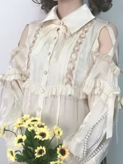 Sweet Lolita Blouses Polyester Lace Up Manches Longues Top Décontracté Chemise Lolita Abricot Léger