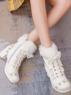 Sweet Lolita Bottes Nœuds Fausse Fourrure Évider Talon Chunky Chaussures Lolita