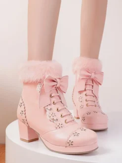 Sweet Lolita Bottes Nœuds Fausse Fourrure Évider Talon Chunky Chaussures Lolita