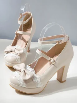 Sweet Lolita Chaussures Bow Lace Synthétique Plate-forme en cuir Synthétique Chunky Heel Lolita Shoes Déguisements Halloween