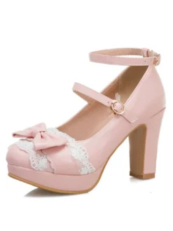 Sweet Lolita Chaussures Bow Lace Synthétique Plate-forme en cuir Synthétique Chunky Heel Lolita Shoes Déguisements Halloween