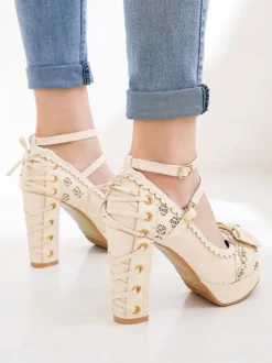 Sweet Lolita Footwear Arcs bout rond à lacets en cuir Synthétique Lolita Pompes