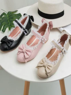 Sweet Lolita Footwear Bows Lace Toe Round Toe Synthétique Leather Lolita Pumps Déguisements Halloween