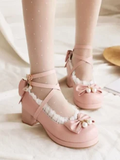 Sweet Lolita Footwear Bows Ruffles Synthétique Leather Chunky Heel Lolita Pumps Déguisements Halloween