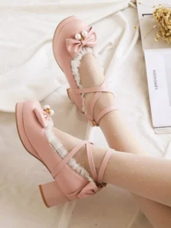 Sweet Lolita Footwear Bows Ruffles Synthétique Leather Chunky Heel Lolita Pumps Déguisements Halloween