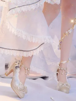 Sweet Lolita Footwear Champagne Perles Nœuds Dentelle PU Cuir Chunky Talon Escarpins Lolita