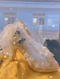 Sweet Lolita Footwear Champagne Perles Nœuds Dentelle PU Cuir Chunky Talon Escarpins Lolita