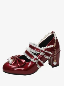 Sweet Lolita Footwear Chaînes noires Perles Volants Bout pointu Chaussures Lolita en cuir PU