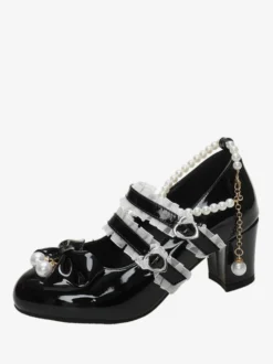 Sweet Lolita Footwear Chaînes noires Perles Volants Bout pointu Chaussures Lolita en cuir PU