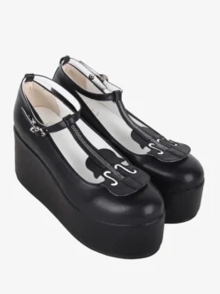 Sweet Lolita Footwear Chaussures Lolita noires à talons compensés en cuir PU avec sangle en T